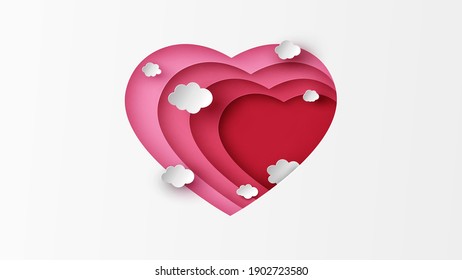 Paper layer cut of sky carving in a red heart shape and blank space. Happy Valentine's day. paper cut and craft style. vector, illustration.
