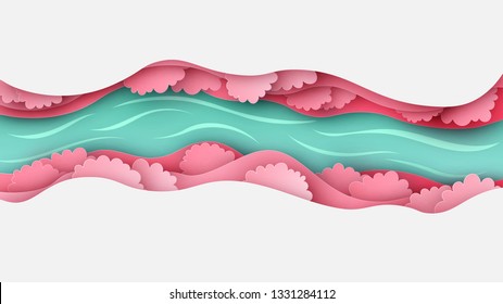 Paper layer cut of top view environment in spring forest with trees, river, cloud and narrow valley. paper cut and craft style. vector, illustration.