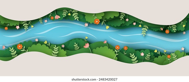 Capa de papel cortada del ambiente de la vista superior en el bosque de primavera con la flor, los árboles, el río y el valle estrecho. Spring valley. corte de papel y estilo artesanal. Vector, ilustración.