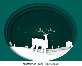 Paper Layer Cut Winter Landscape Background With A Reindeer Illustration In Teal Green And White Color.