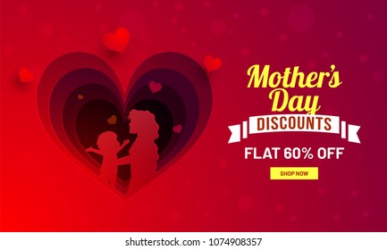 Paper layer design with a mom and her infant illustration in a heart shape on shiny pink background upto 60% off offer.