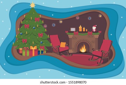 Paper layered art paper card with a picture of a Christmas tree, fireplace and rocking chairs
