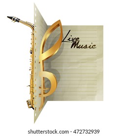 Paper leaf dissecting saxophone and treble clef sign with live music. Isolated object , you can use automatically pick up with any text or image, there is a place for writing text.