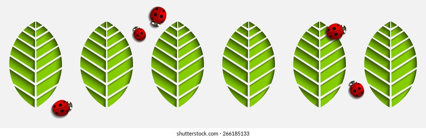 Paper leaves and ladybugs. Abstract 3D geometrical design with drop shadows. Cut out on a white background seamless pattern. Origami.