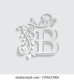 Paper letter B. Black flower alphabet.  Beautiful capital letters with shadow