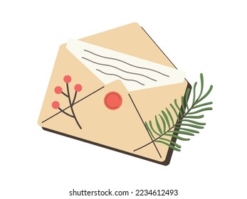 Paper letter in brown kraft envelope for Christmas holiday. Xmas craft mail. Festive post messages, red berry branch  and leaf decor
