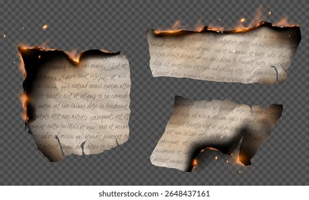 Conjunto de ilustrações realista de vetor de gravação de carta de papel. Sucata de página rasgada flamejante com notas texto ou folha de documento com fogo e cinzas pretas isoladas no fundo transparente
