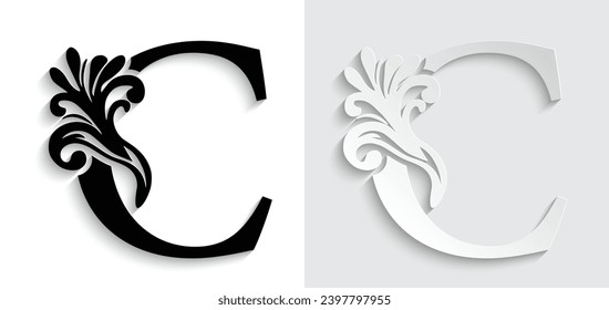 letras de papel C. florales. Alfabeto inicial de adorno de época. vector de logotipo 
