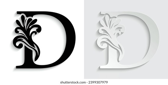 letra de papel D. letras de flores. Alfabeto inicial de adorno de época. vector de logotipo 
