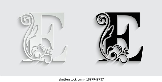 paper letter E. flower  letters. Vintage ornament initial Alphabet. Logo vector 
