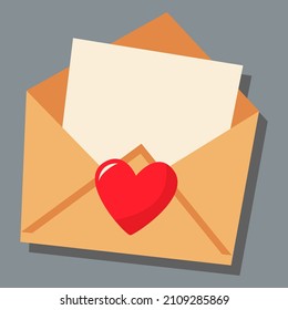 Ein Papierbrief mit einem leeren Blatt. Tag der Liebe. Valentinstag. Eine Grußkarte mit einer Liebeserklärung. Ein flaches Vektorbild auf grauem Hintergrund.