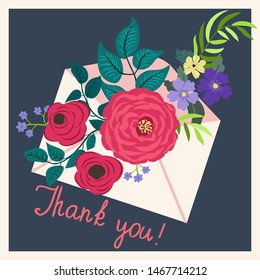 Paper letter in an envelope with flowers and plants. Cute postcard with inscription: “Thank you!”