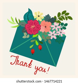 Paper letter in an envelope with flowers and plants. Cute postcard with inscription: “Thank you!”