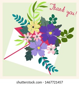 Paper letter in an envelope with flowers and plants. Cute postcard with inscription: “Thank you!”