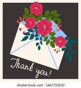 Paper letter in an envelope with flowers and plants. Cute postcard with inscription: “Thank you!”