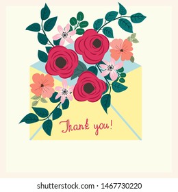 Paper letter in an envelope with flowers and plants. Cute postcard with inscription: “Thank you!”