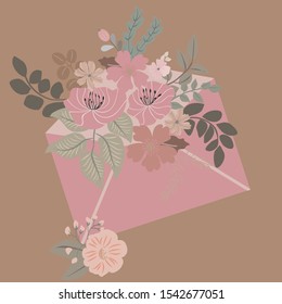 Paper letter in an envelope with flowers and plants. Pretty postcard in country style.