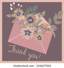 Paper letter in an envelope with flowers and plants. Cute postcard with inscription: “Thank you!”