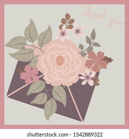 Paper letter in an envelope with flowers and plants. Cute postcard with inscription: “Thank you!”