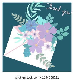 Paper letter in an envelope with flowers and plants. Cute postcard with inscription: “Thank you!” Spring pastel colors.