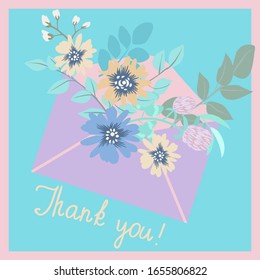 Paper letter in an envelope with flowers and plants. Cute postcard with inscription: “Thank you!” Spring pastel colors.