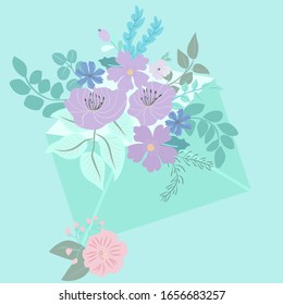 Paper letter in an envelope with flowers and plants. Pretty postcard in country style.