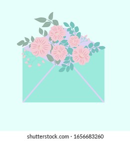 Paper letter in an envelope with flowers and plants. Pretty postcard in country style.