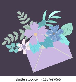 Paper letter in an envelope with flowers and plants. Pretty postcard in country style.