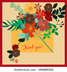 Paper letter in an envelope with flowers and plants. Pretty postcard in country style.