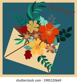 Paper letter in an envelope with flowers and plants. Pretty postcard in country style.