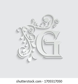 Paper letter G. Black flower alphabet.  Beautiful capital letters with shadow