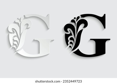 letra de papel G. letras de flores. Alfabeto inicial de adorno de época. vector de logotipo 