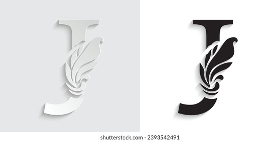 paper letter J. flower  letters. Vintage ornament initial Alphabet. Logo vector 
