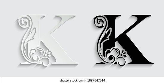 paper letter K. flower  letters. Vintage ornament initial Alphabet. Logo vector 
