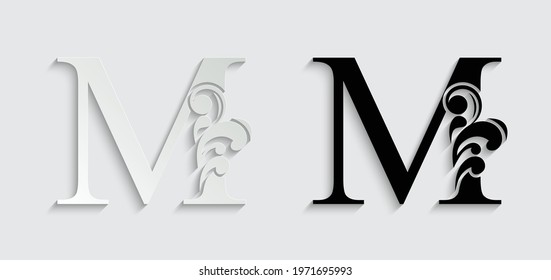 paper letter M. flower  letters. Vintage ornament initial Alphabet. Logo vector 
