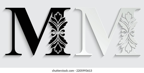 paper letter M. flower  letters. Vintage ornament initial Alphabet. Logo vector 
