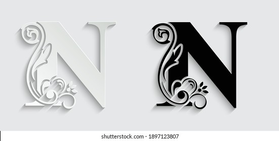 paper letter N. flower  letters. Vintage ornament initial Alphabet. Logo vector 
