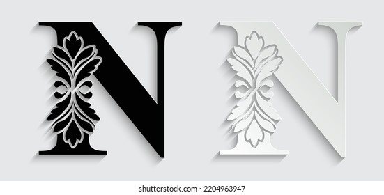 paper letter N. flower  letters. Vintage ornament initial Alphabet. Logo vector 
