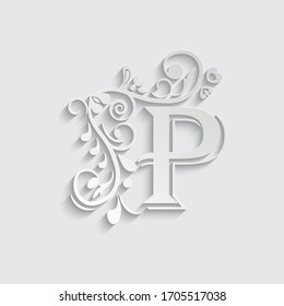 Paper letter P. Black flower alphabet.  Beautiful capital letters with shadow