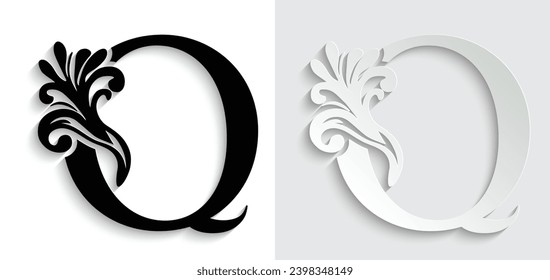 paper letter Q. flower  letters. Vintage ornament initial Alphabet. Logo vector 
