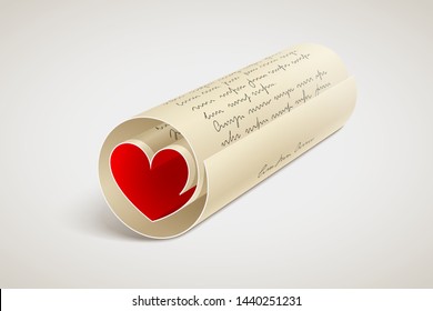 Paper Letter Rolled And With Red Heart Inside. Love Message. Romantic Letter For Beloved Person Or Declaration Of Love. Relationships Concept