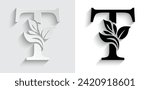 paper letter T. flower  letters. Vintage ornament initial Alphabet. Logo vector