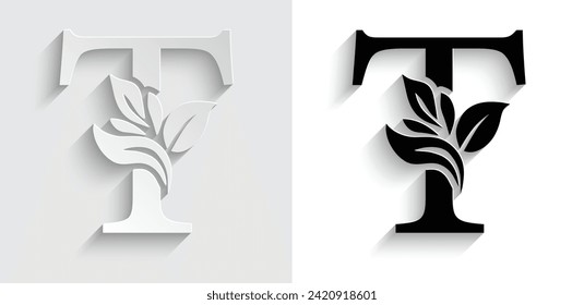 letra de papel T. letras de flores. Alfabeto inicial de adorno de época. vector de logotipo