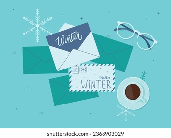 Paper letter template for winter top view. Vector illustration