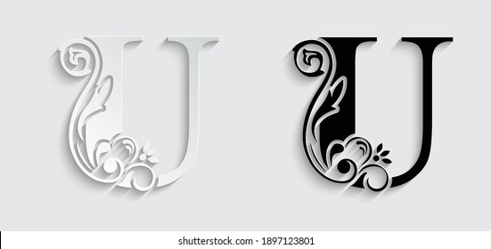 paper letter U. flower  letters. Vintage ornament initial Alphabet. Logo vector 
