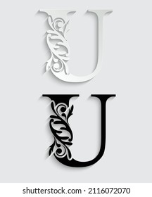 paper letter U. flower  letters. Vintage ornament initial Alphabet. Logo vector 
