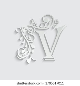 Paper letter V. Black flower alphabet.  Beautiful capital letters with shadow