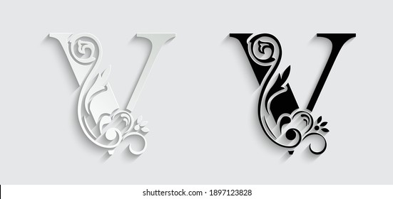 paper letter V. flower  letters. Vintage ornament initial Alphabet. Logo vector 
