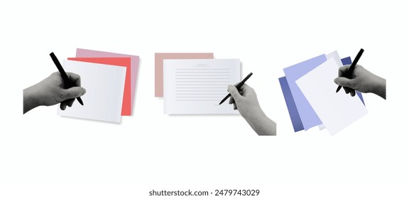 Paper letter. A woman's hand fills out a document, a list, a page, writes a message. Send an envelope with a letter or document by email.  Planning, journaling, notes. Contemporary art collage. Vector