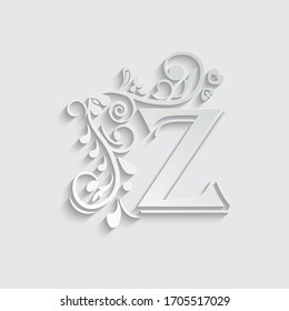 Paper letter Z. Black flower alphabet.  Beautiful capital letters with shadow